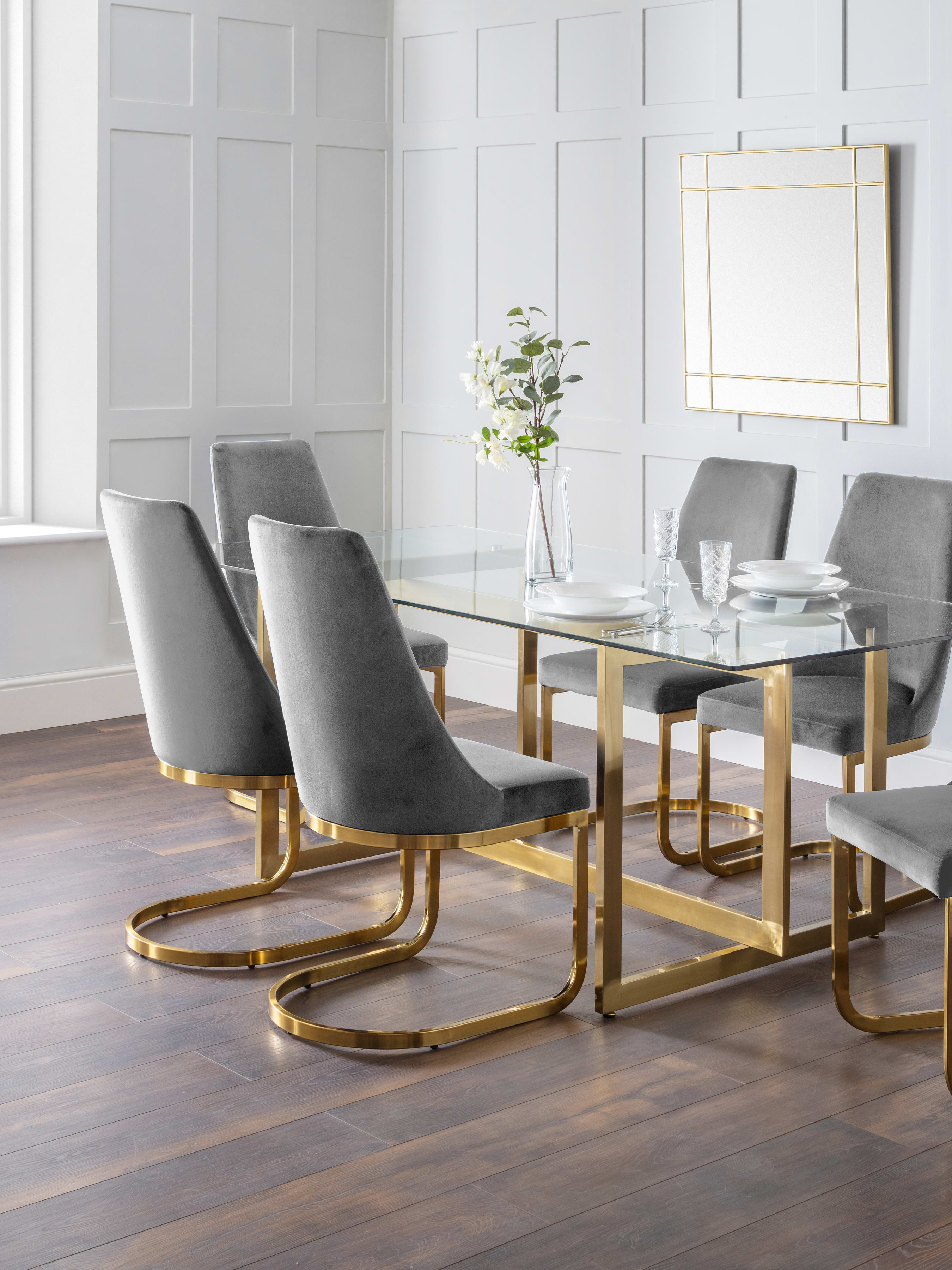 Minori Rectangular Table and 6 Grey Vittoria Chairs – Glass/Gold