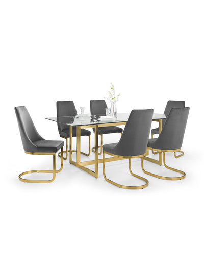 Minori Rectangular Table and 6 Grey Vittoria Chairs – Glass/Gold