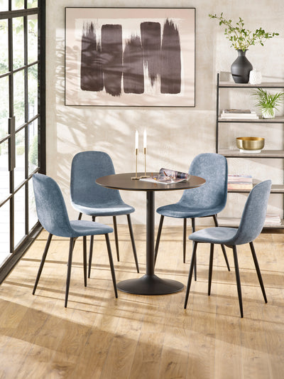 Nero 80cm Round Black Dining Table Set with 4 Lottie Blue Chenille Upholstered Dining Chairs – Black and Denim Chenille