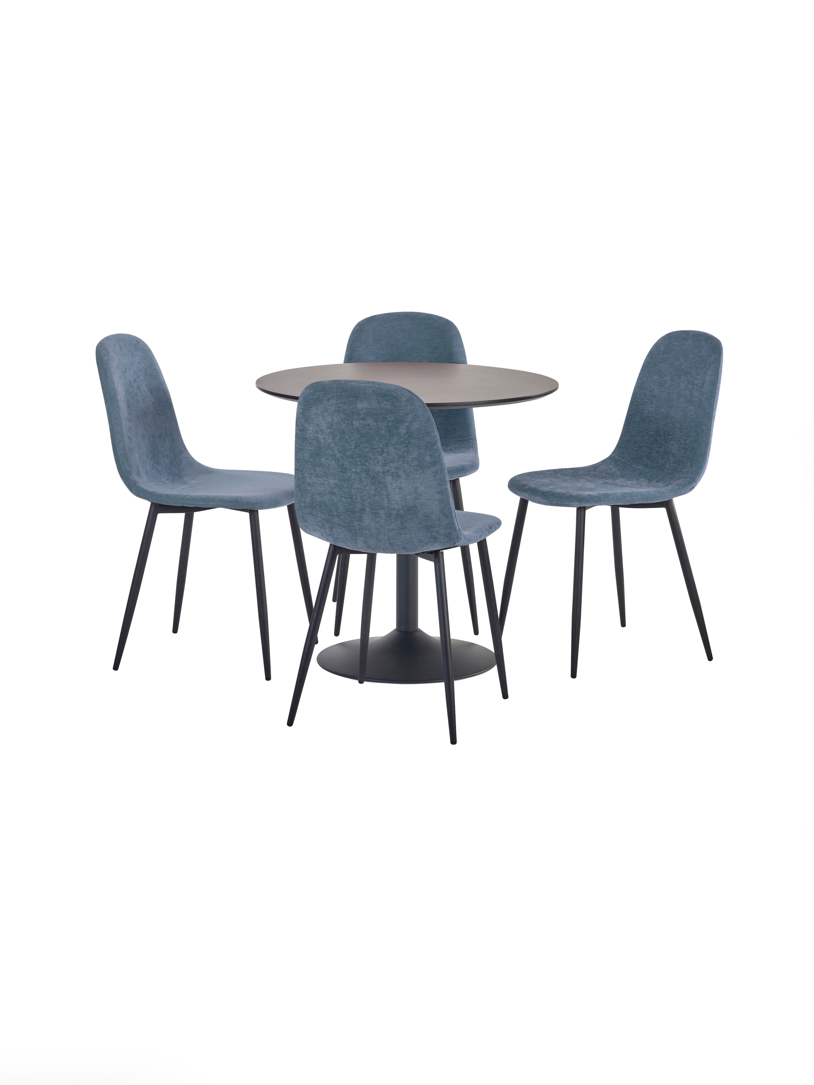 Nero 80cm Round Black Dining Table Set with 4 Lottie Blue Chenille Upholstered Dining Chairs – Black and Denim Chenille