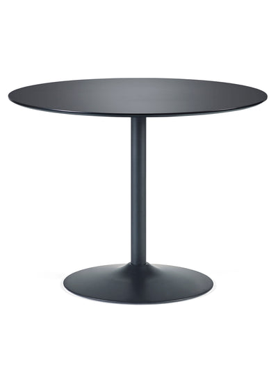 Nero 80cm Round Black Dining Table Set with 4 Lottie Blue Chenille Upholstered Dining Chairs – Black and Denim Chenille