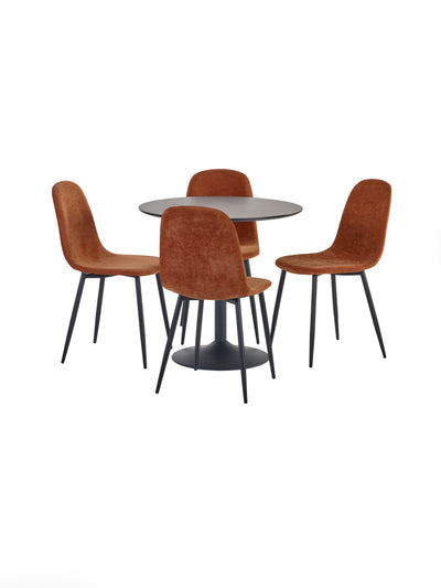 Nero 80cm Round Black Dining Table Set with 4 Lottie Orange Chenille Upholstered Dining Chairs – Black and Terracotta Chenille