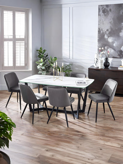 Olympus White Marble Effect Table and 6 Grey Burgess Chairs – White Marble Effect & Black