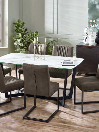 Olympus White Marble Effect Table and 6 Charcoal Brooklyn Chairs – White Marble Effect & Black