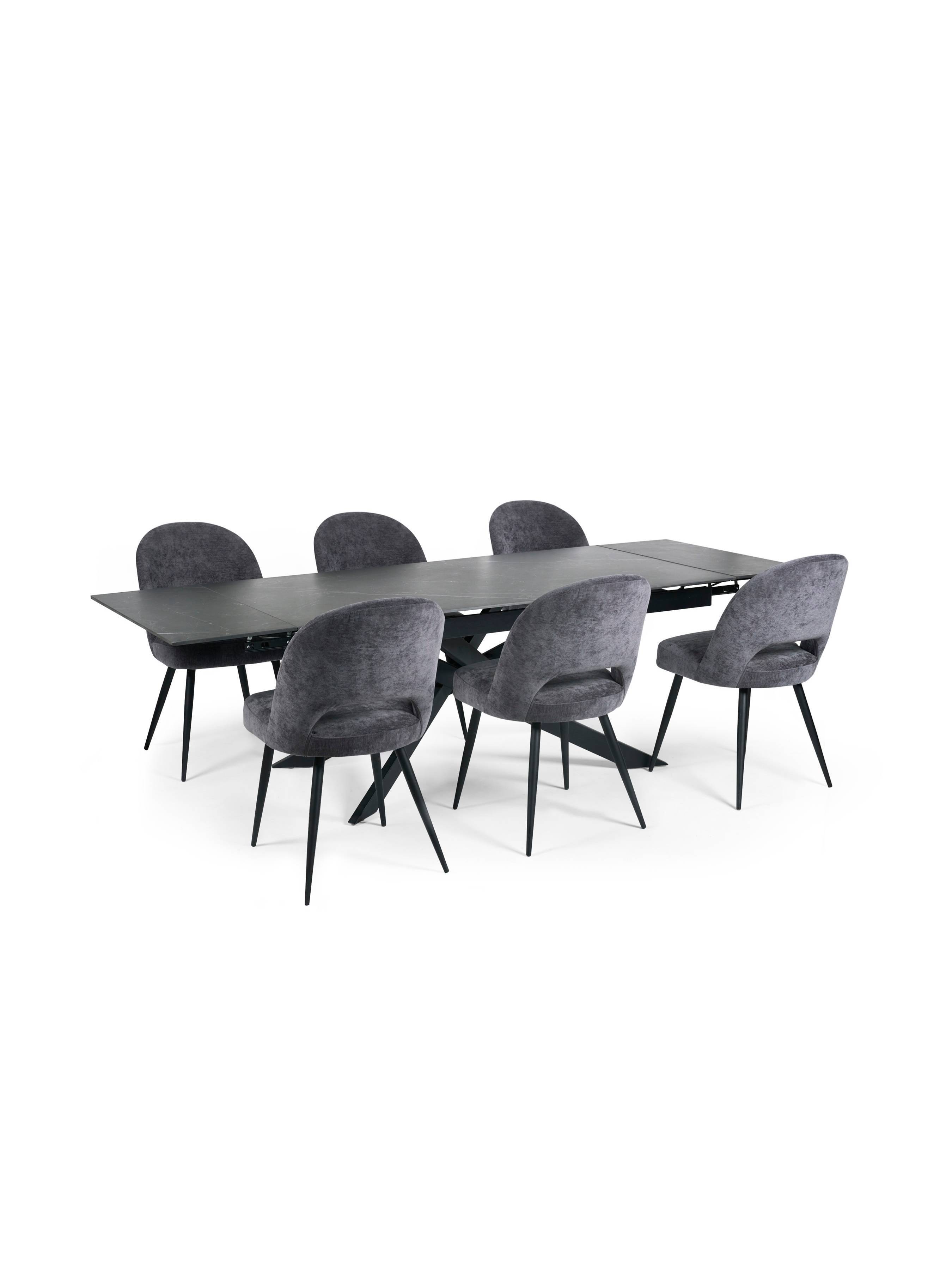 Osaka Black 160 to 240cm Extending Dining Table Set with 6 Grey Chenille Uplholseted Ella Dining Chairs – Dark Slate