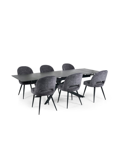 Osaka Black 160 to 240cm Extending Dining Table Set with 6 Grey Chenille Uplholseted Ella Dining Chairs – Dark Slate