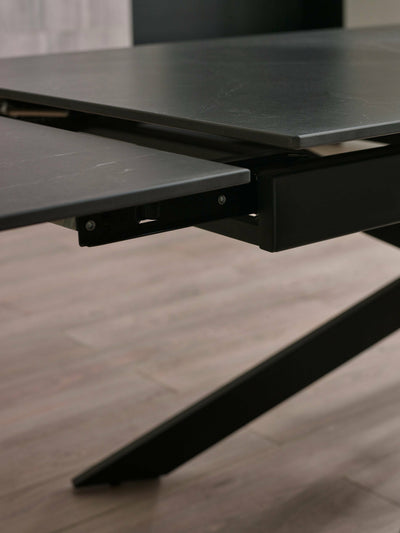 Osaka Black 160 to 240cm Extending Dining Table Set with 6 Grey Chenille Uplholseted Ella Dining Chairs – Dark Slate