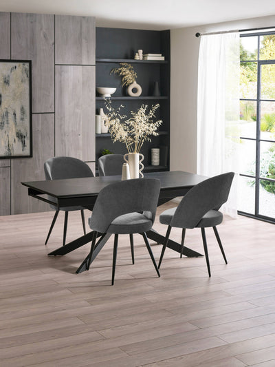 Osaka Black 160 to 240cm Extrending Dining Table set with 4 Grey Chenille Upholstered Ella Dining Chairs – Dark Slate