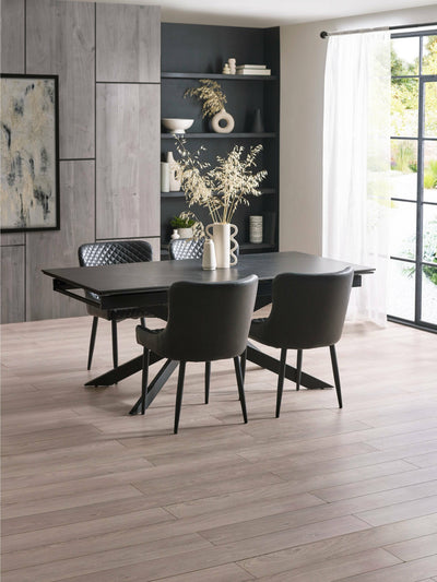 Osaka Black 160 to 240cm Extrending Dining Table set with 4 Black Faux Leather Upholstered plush Dining Chairs – Dark Slate