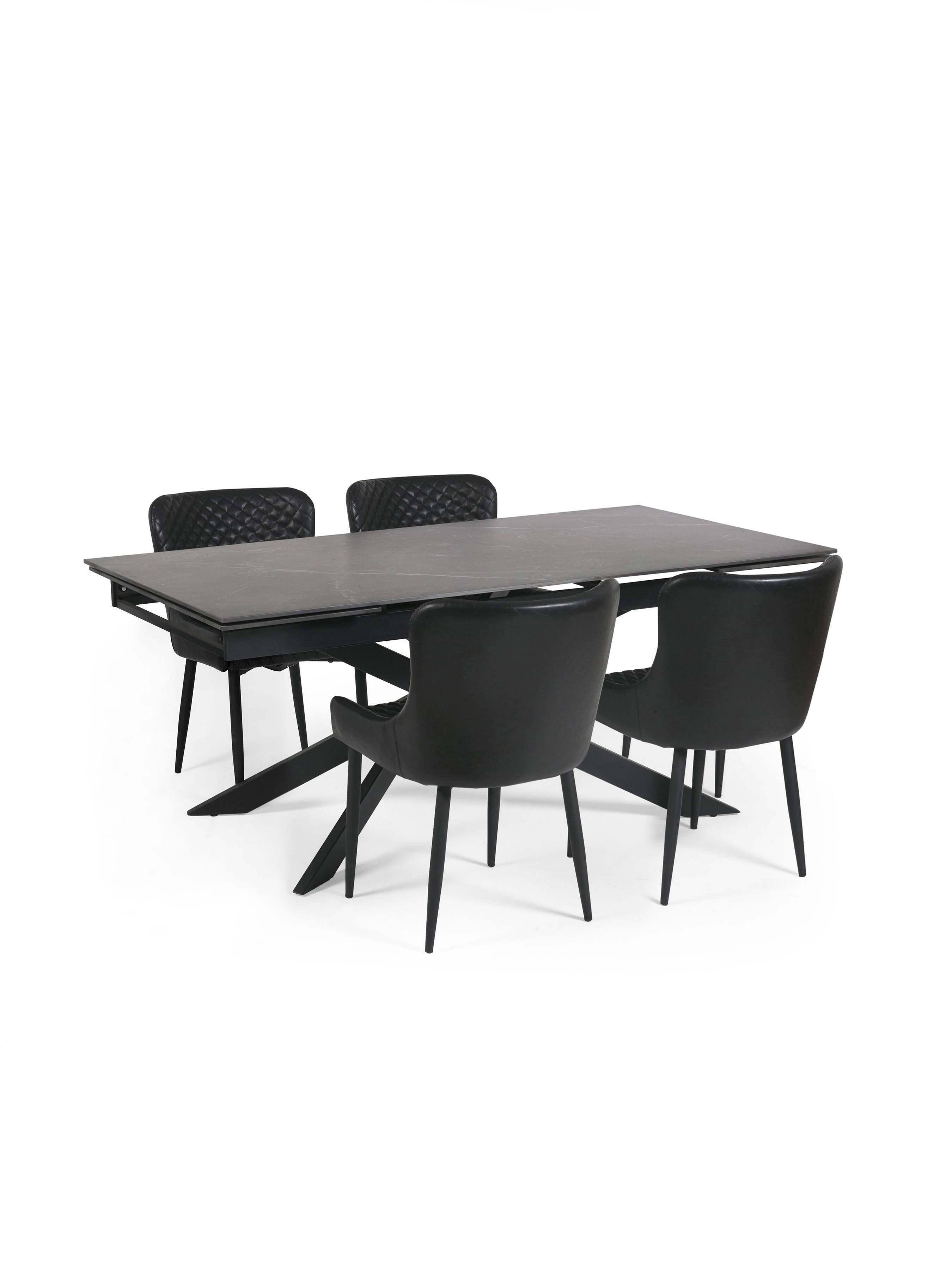 Osaka Black 160 to 240cm Extrending Dining Table set with 4 Black Faux Leather Upholstered plush Dining Chairs – Dark Slate