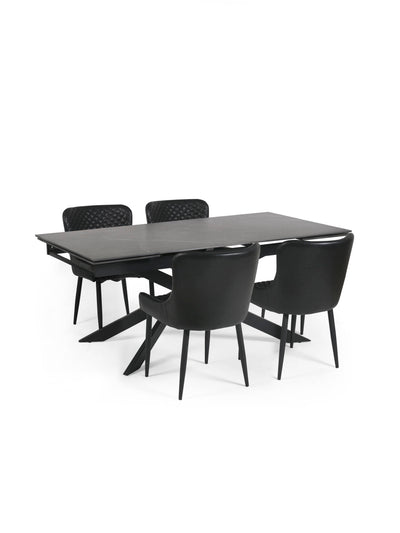 Osaka Black 160 to 240cm Extrending Dining Table set with 4 Black Faux Leather Upholstered plush Dining Chairs – Dark Slate
