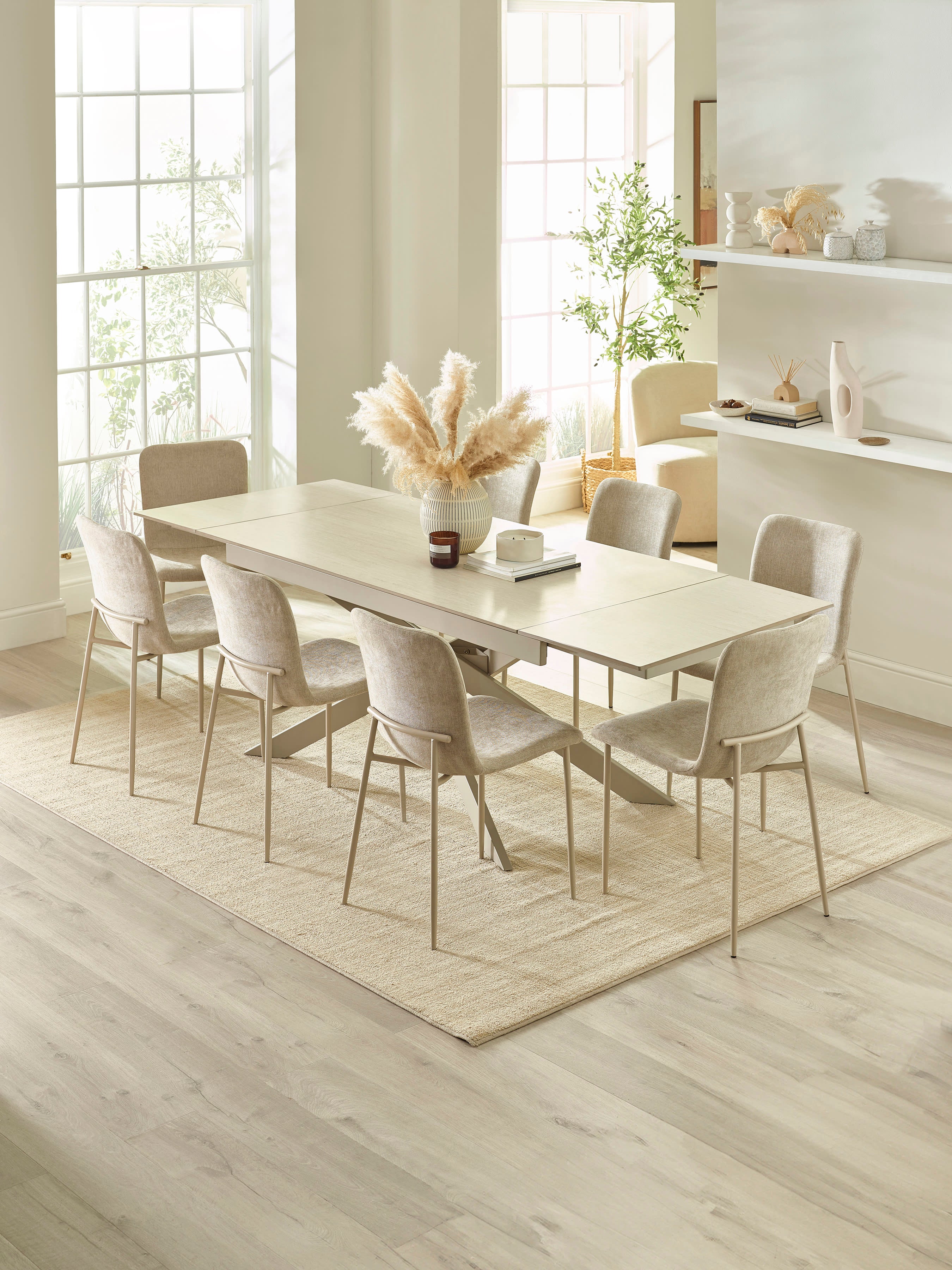 Osaka Stone Effect Rectangular Dining Set with 8 Nora Cream Linen Chairs – Natural Stone Effect