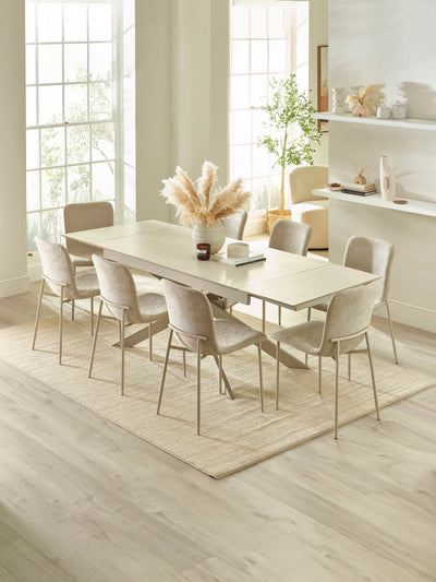 Osaka Stone Effect Rectangular Dining Set with 8 Nora Cream Linen Chairs – Natural Stone Effect