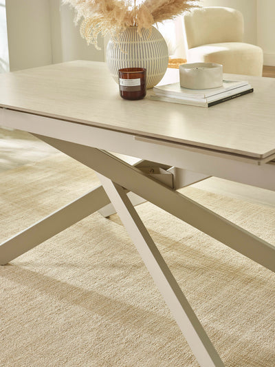 Osaka Stone Effect Rectangular Dining Set with 8 Nora Cream Linen Chairs – Natural Stone Effect