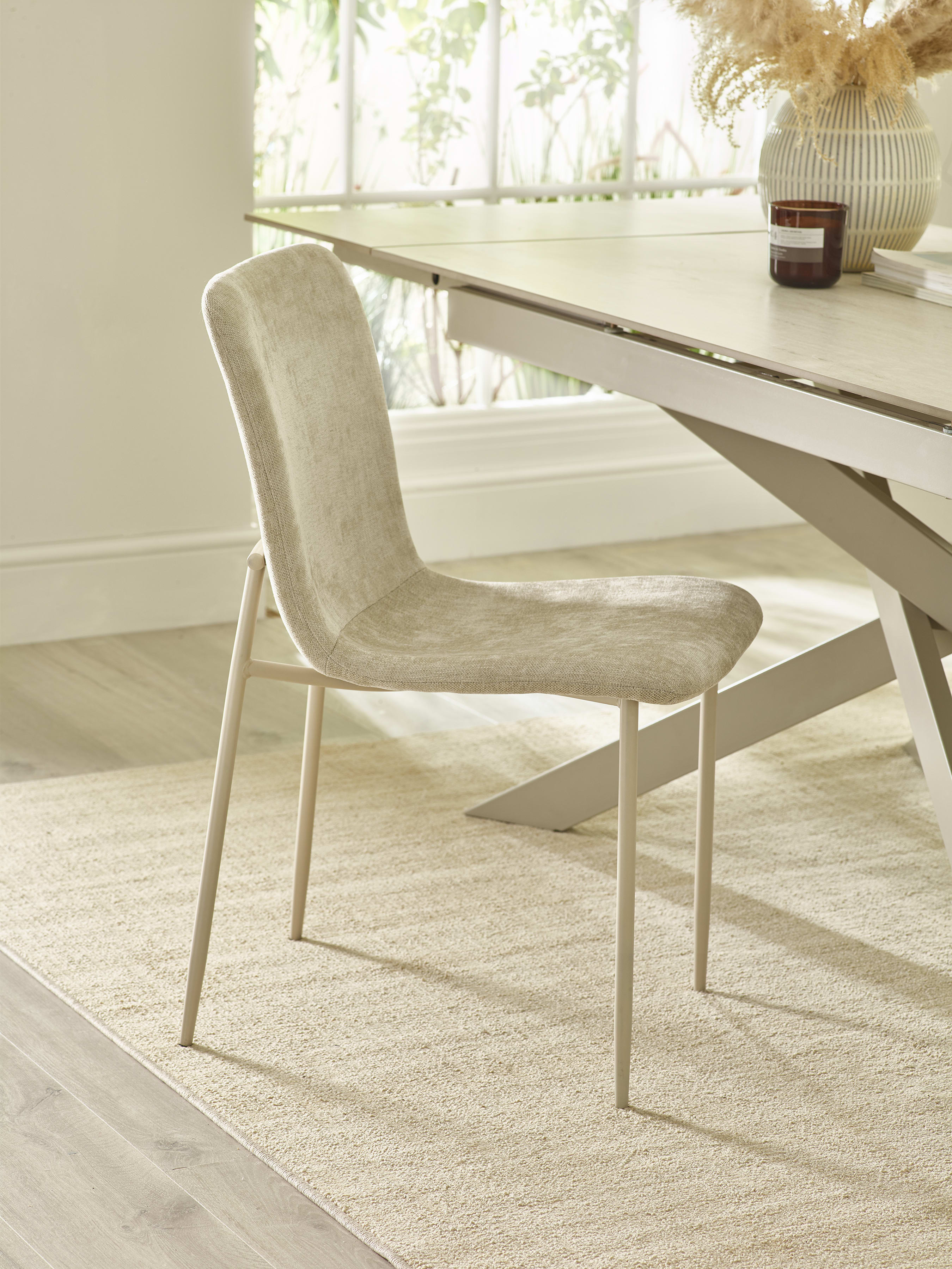 Osaka Stone Effect Rectangular Dining Set with 8 Nora Cream Linen Chairs – Natural Stone Effect
