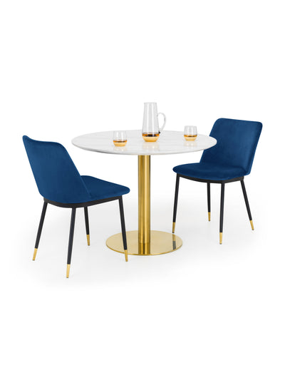 Palermo Round Table and 2 Blue Delaunay Chairs – White Marble Effect & Gold
