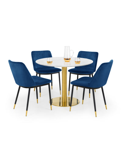 Palermo Round Table and 4 Blue Delaunay Chairs – White Marble Effect & Gold