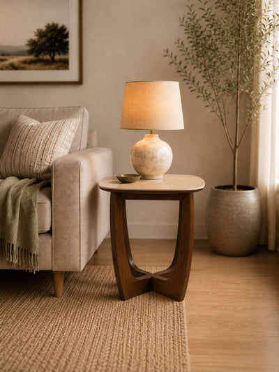 Portland Square Lamp Table – Walnut Effect/Natural Stone