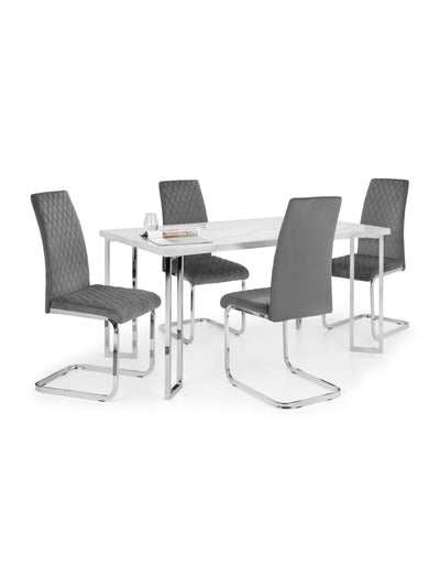 Positano Table and 4 Grey Calabria Chairs – White Marble Effect