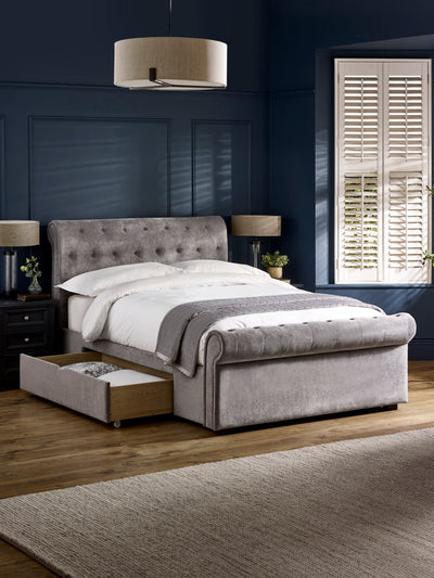 Ravello Grey Chenille Upholstered Bed with 2 Drawers