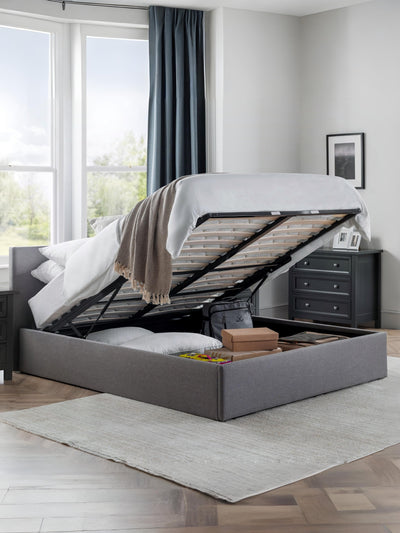 Rialto Lift-Up Storage Bed In Linen Fabric - Light Grey