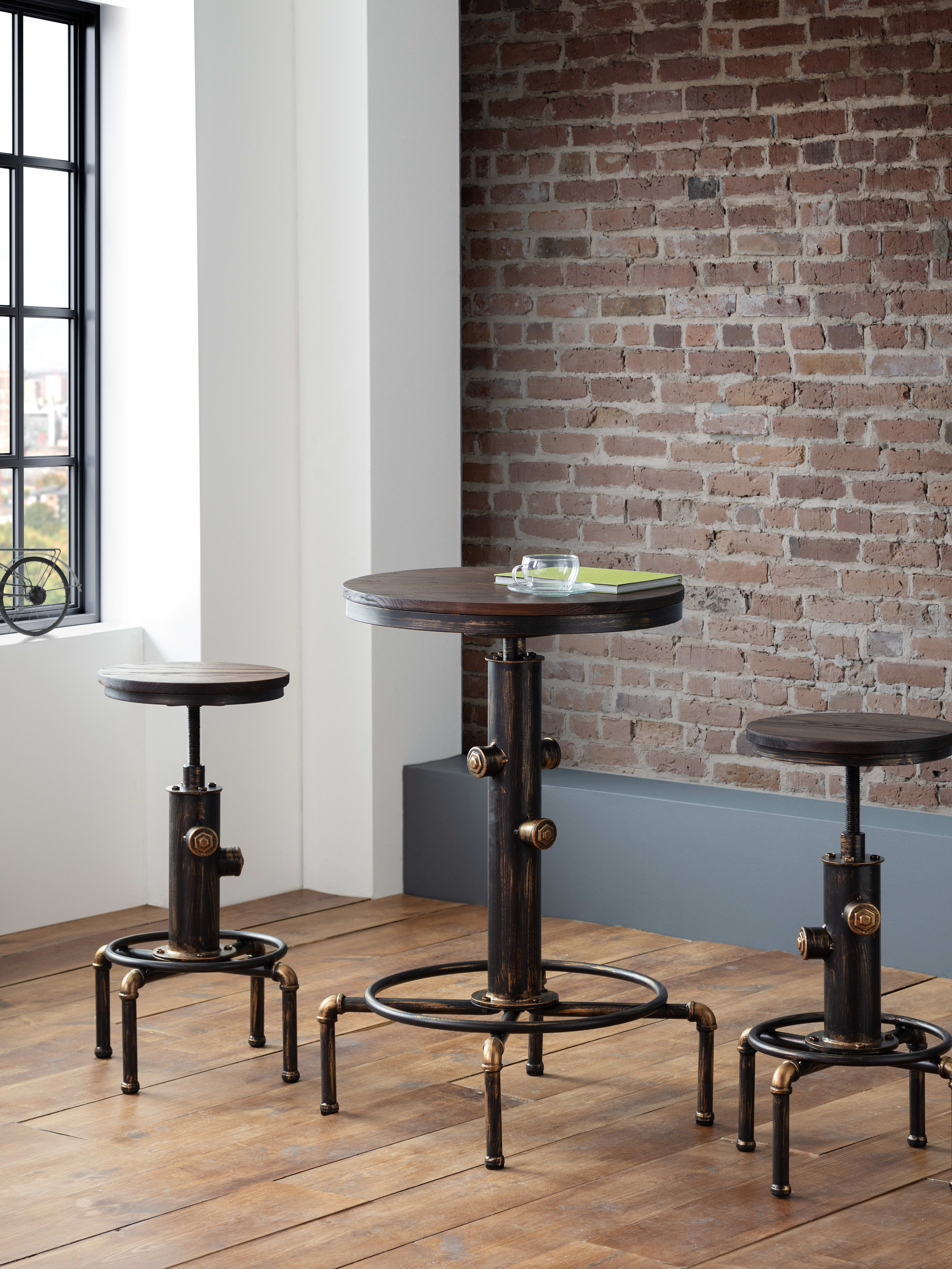 Rockport Bar Table and 2 Rockport Stools – Brushed Copper/Rustic Elm