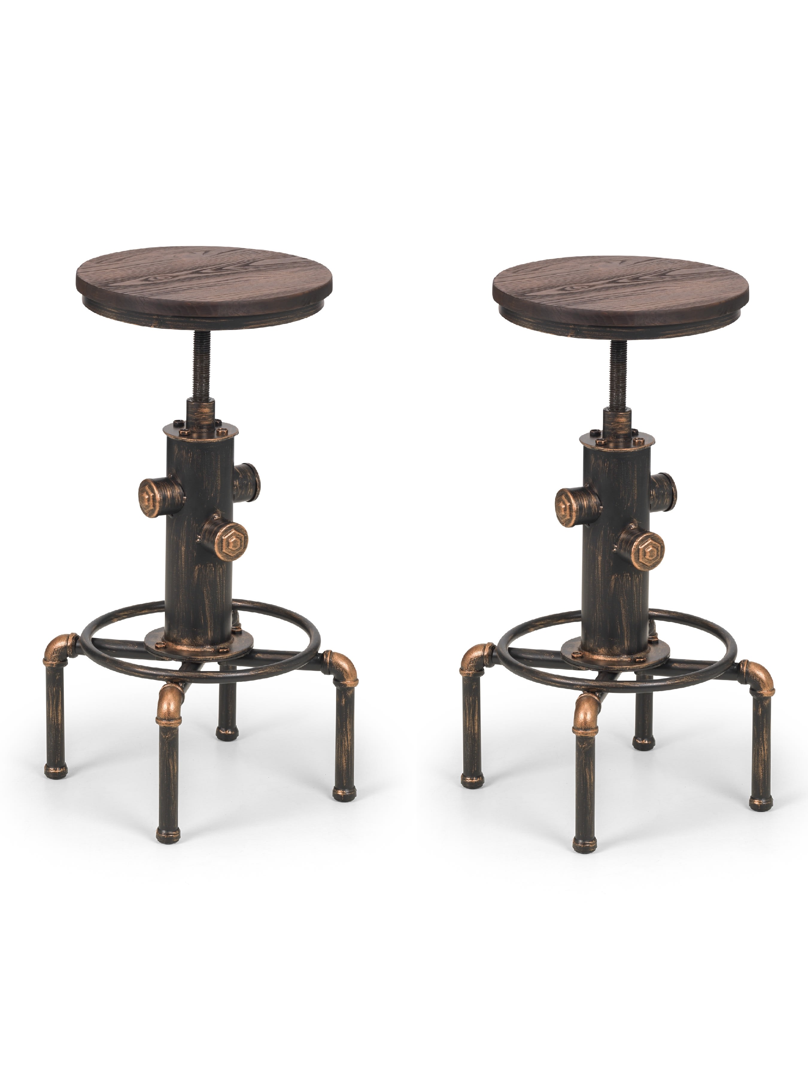 Set Of 2 Rockport Pipework Barstools – Brushed Copper and Rustic Elm