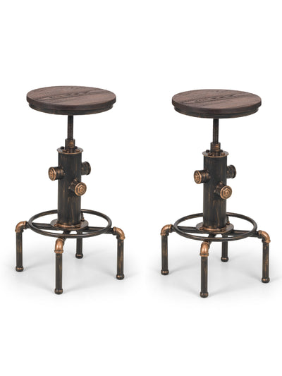 Set Of 2 Rockport Pipework Barstools – Brushed Copper and Rustic Elm