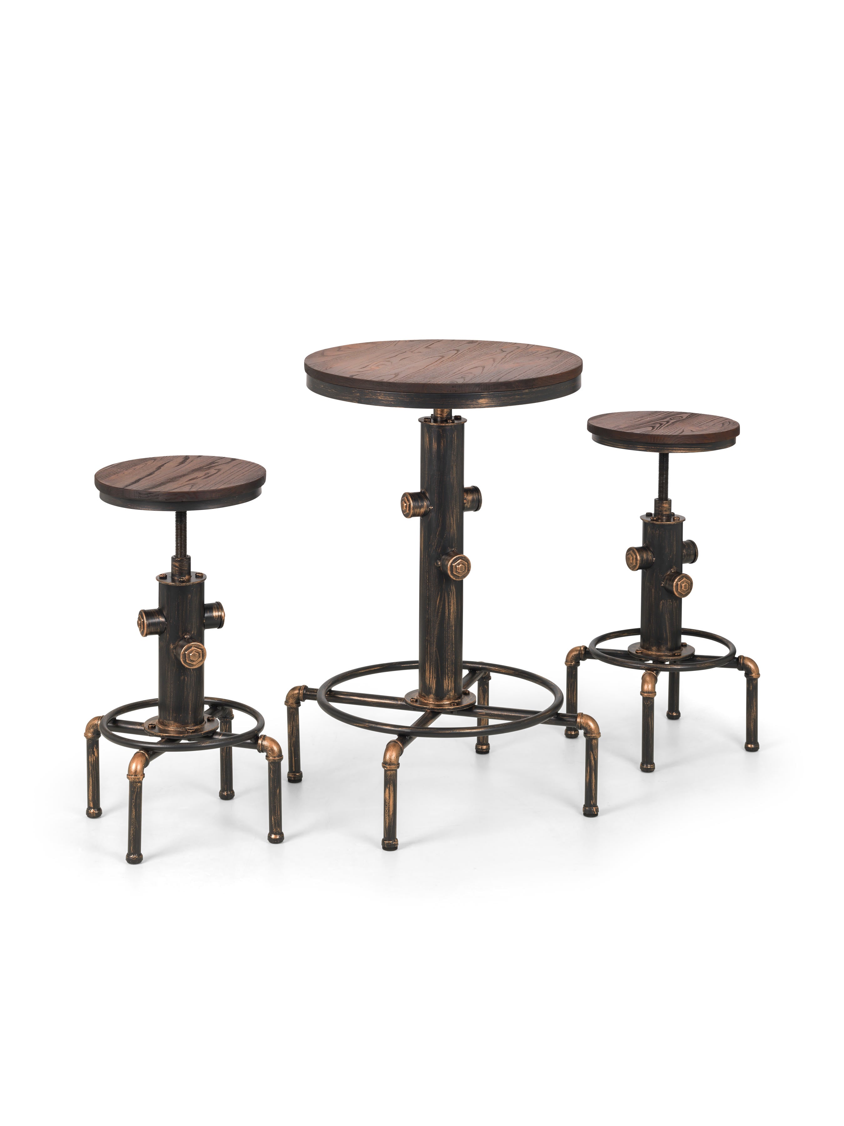 Set Of 2 Rockport Pipework Barstools – Brushed Copper and Rustic Elm