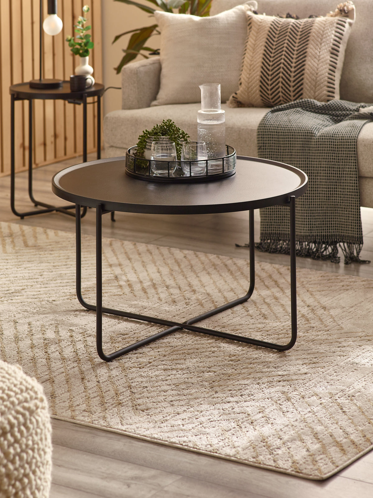 Sagrada Round Black Coffee and Lamp Table Set
