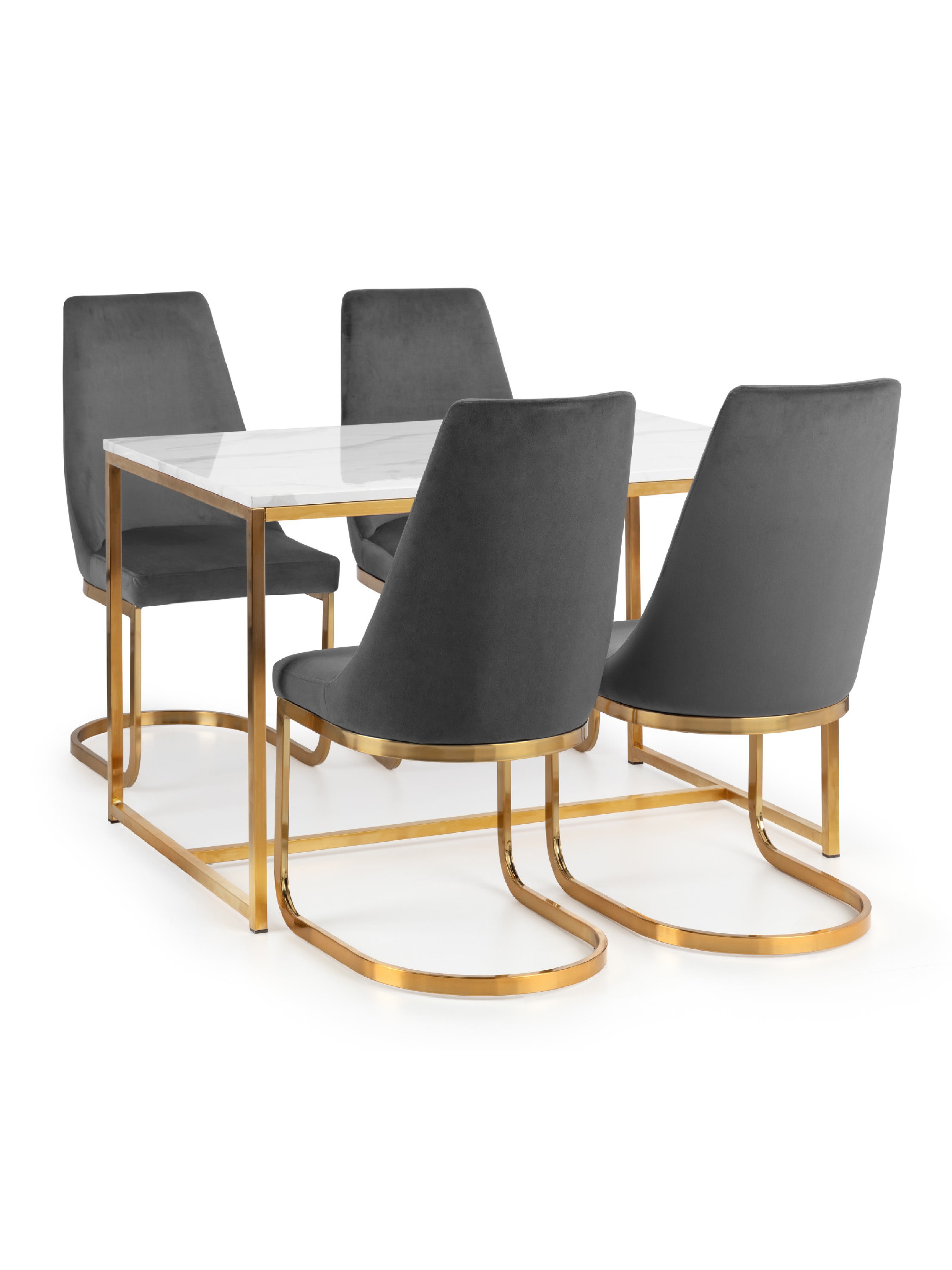 Scala Gold Table and 4 Grey Vittoria Chairs – Marble & Gold