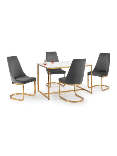 Scala Gold Table and 4 Grey Vittoria Chairs – Marble & Gold