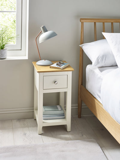 Somerset White and Oak Compact 1 Drawer Bedside Table with Shelf