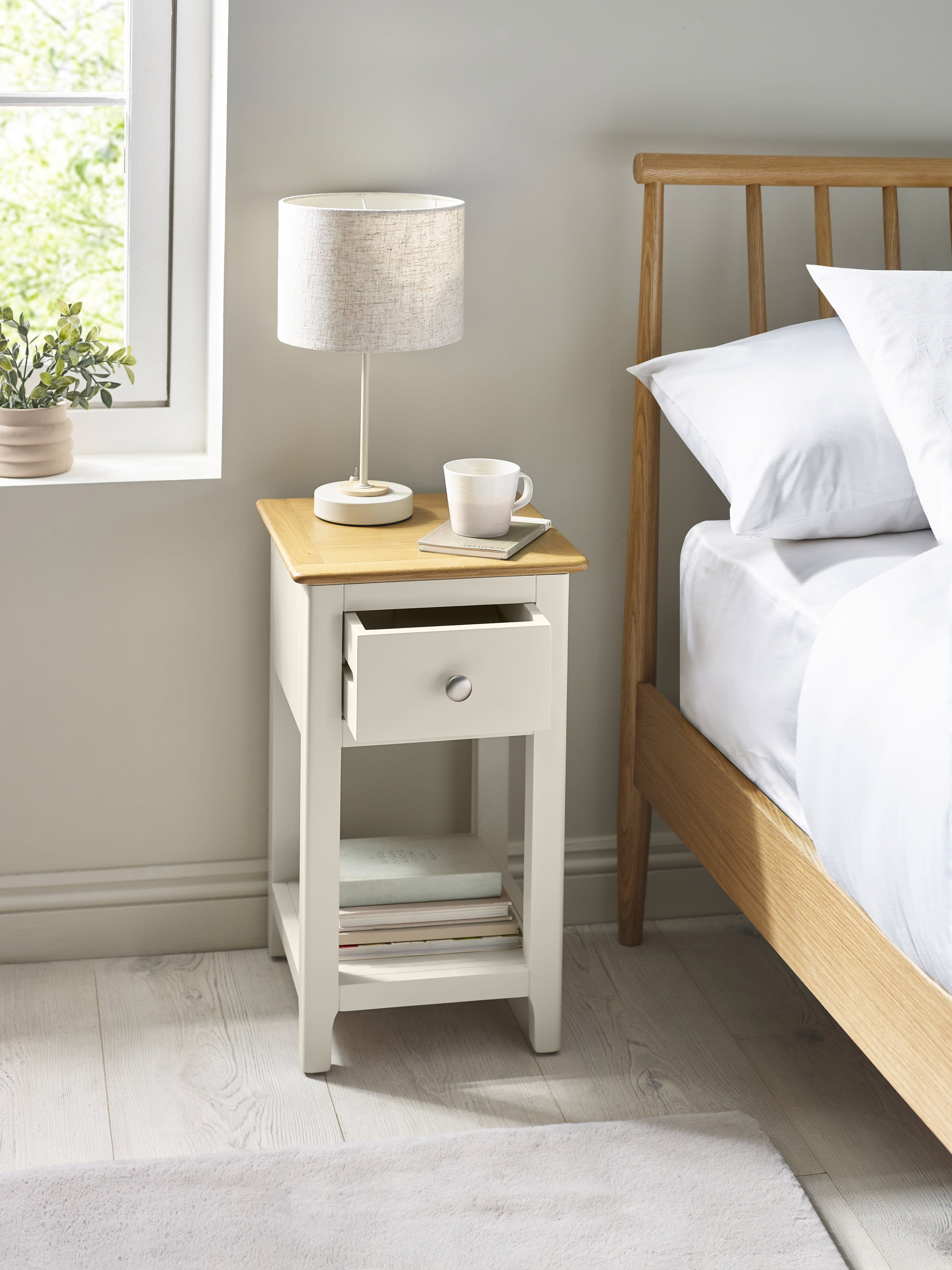 Somerset Truffle Grey and Oak Compact 1 Drawer Bedside Table with Shelf – Oak and Truffle