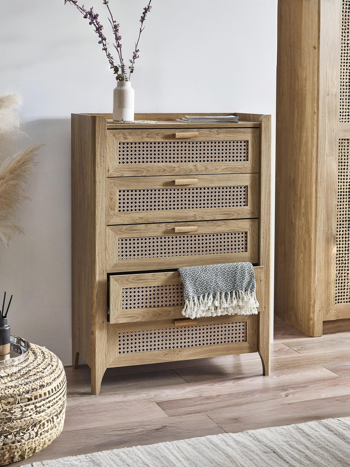 Sydney 5 Drawer Chest - Rattan Effect