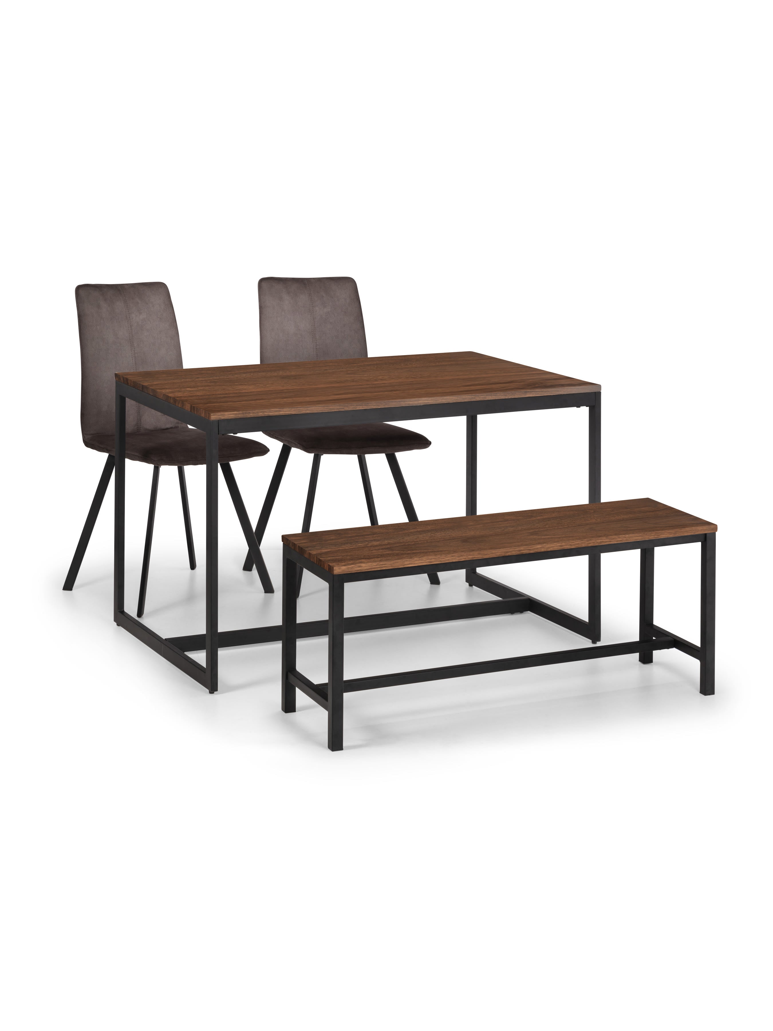Tribeca Walnut Table, 1 Walnut Tribeca Bench and 2 Monroe Chairs – Black/Walnut