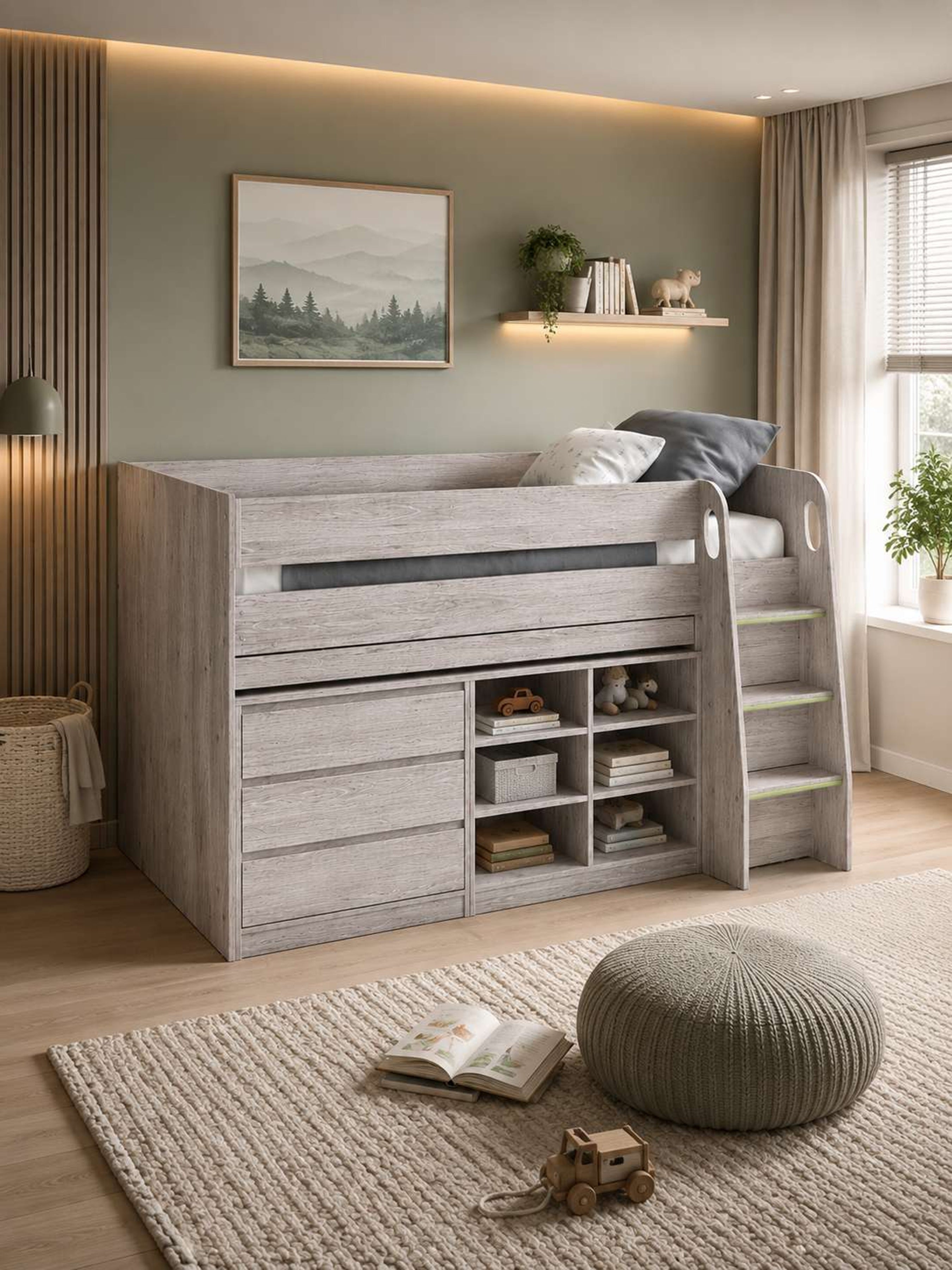 Vespa Mid Sleeper Bed with Desk – Grey Oak Effect