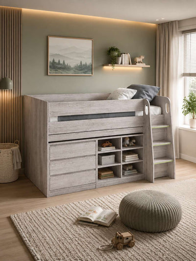 Vespa Mid Sleeper Bed with Desk – Grey Oak Effect