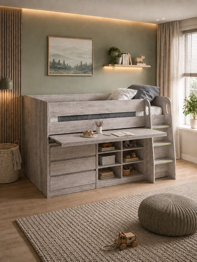 Vespa Mid Sleeper Bed with Desk – Grey Oak Effect