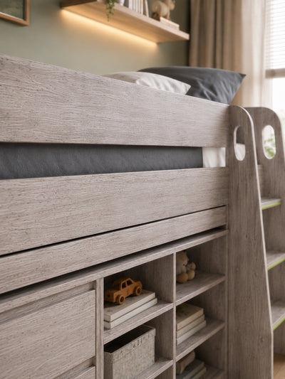 Vespa Mid Sleeper Bed with Desk – Grey Oak Effect