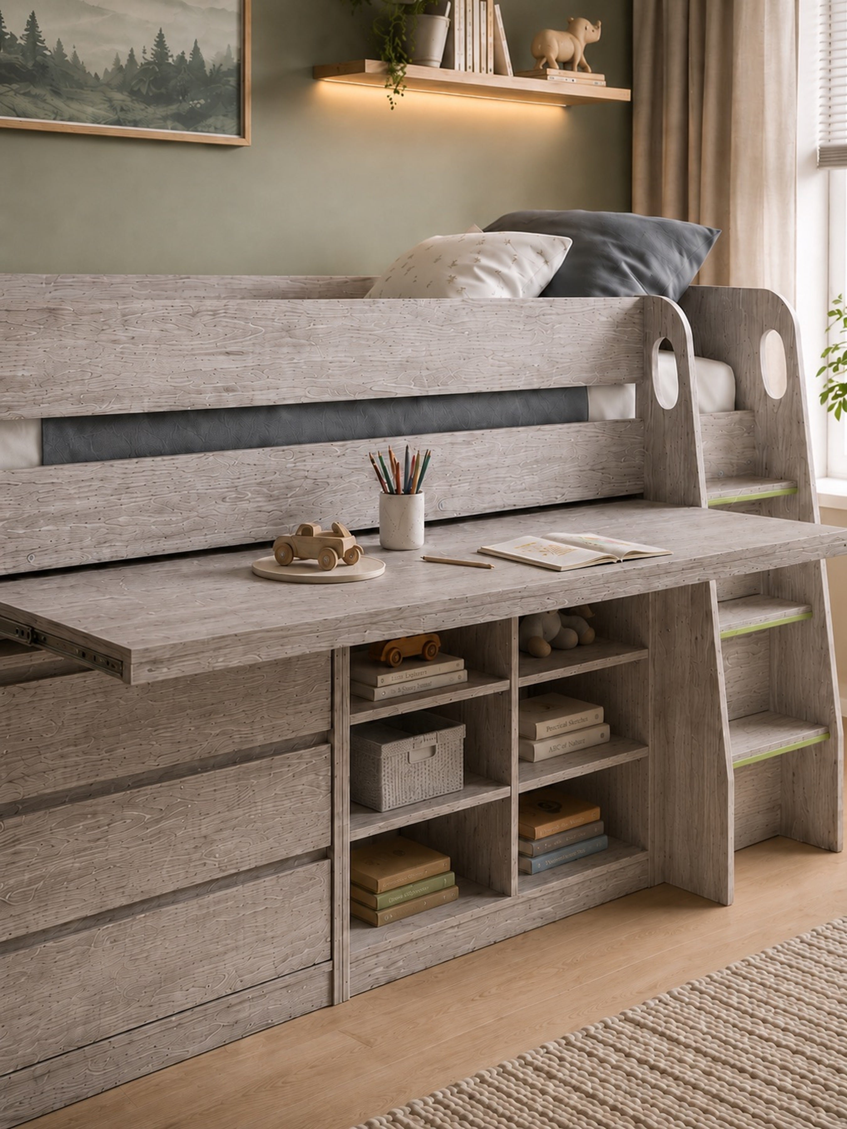 Vespa Mid Sleeper Bed with Desk – Grey Oak Effect
