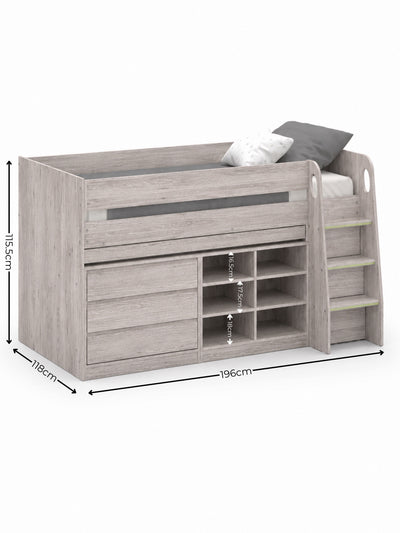 Vespa Mid Sleeper Bed with Desk – Grey Oak Effect