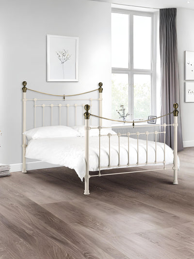 Victoria Stone White Bed Metal Bed - Stone White With Brass