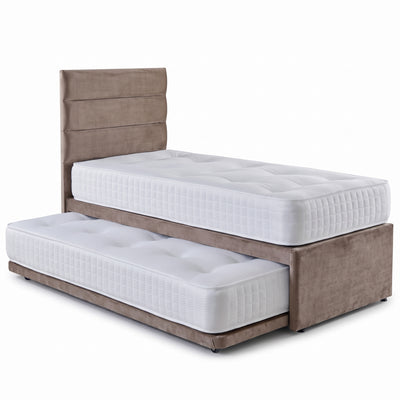 Guest bed and trundle in Plush Velvet Mink with Howarth headboard
