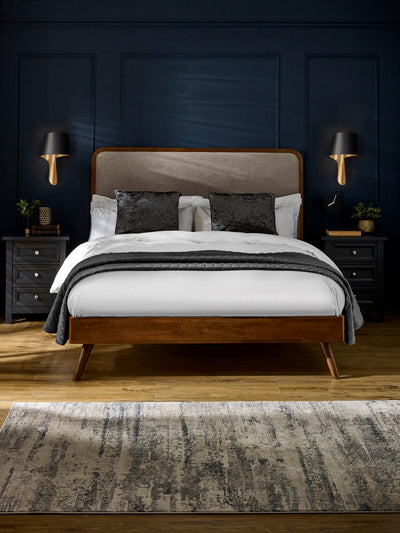 Walden Walnut Effect Bed with Grey Chenille Upholstered Headboard – Walnut Effect and Grey Chenille