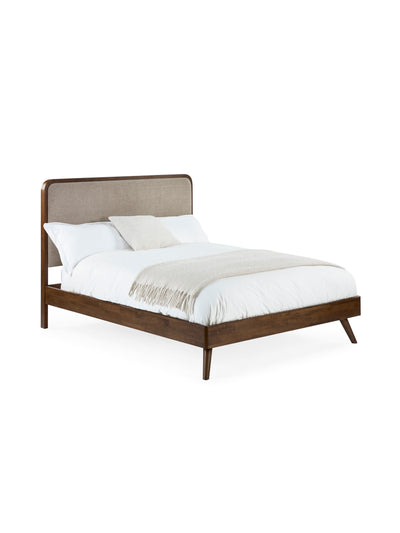 Walden Walnut Effect Bed with Grey Chenille Upholstered Headboard – Walnut Effect and Grey Chenille