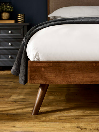 Walden Walnut Effect Bed with Grey Chenille Upholstered Headboard – Walnut Effect and Grey Chenille