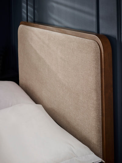 Walden Walnut Effect Bed with Grey Chenille Upholstered Headboard – Walnut Effect and Grey Chenille