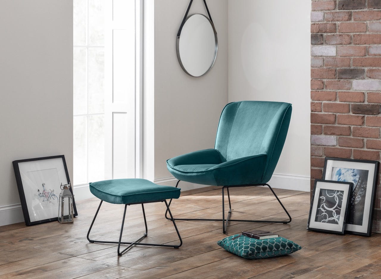 Julian Bowen Accent Chair Mila Velvet Accent Chair With Stool - Teal Bed Kings