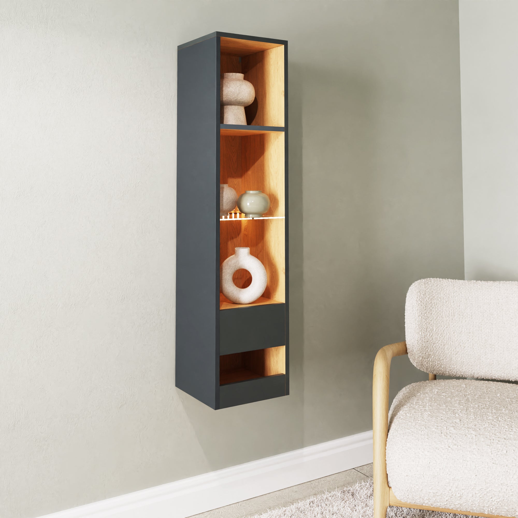 Leon Tall Shelf Unit With LED Anthracite/Oak – GFW, view 3